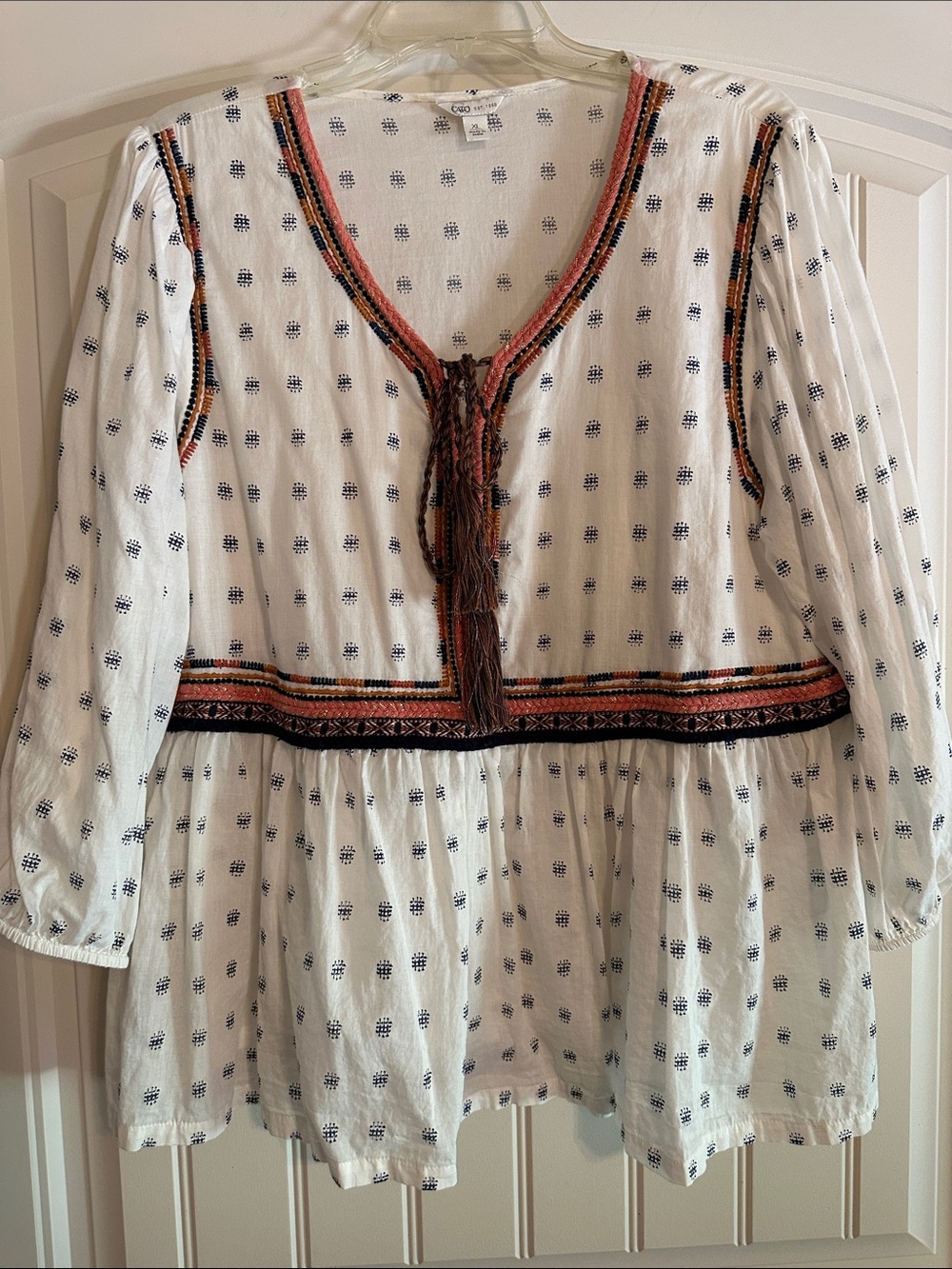 Cato White Peasant Tunic with Blue and Coral Embroidered Trim